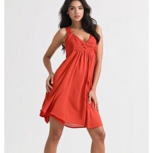 KISCHE Women's Mini Dress Stretch Ruched Empire Waist Sz M Solid Red Orange